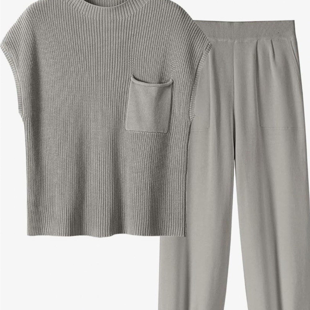 Gray Knit Sleeveless Top and Pants Set